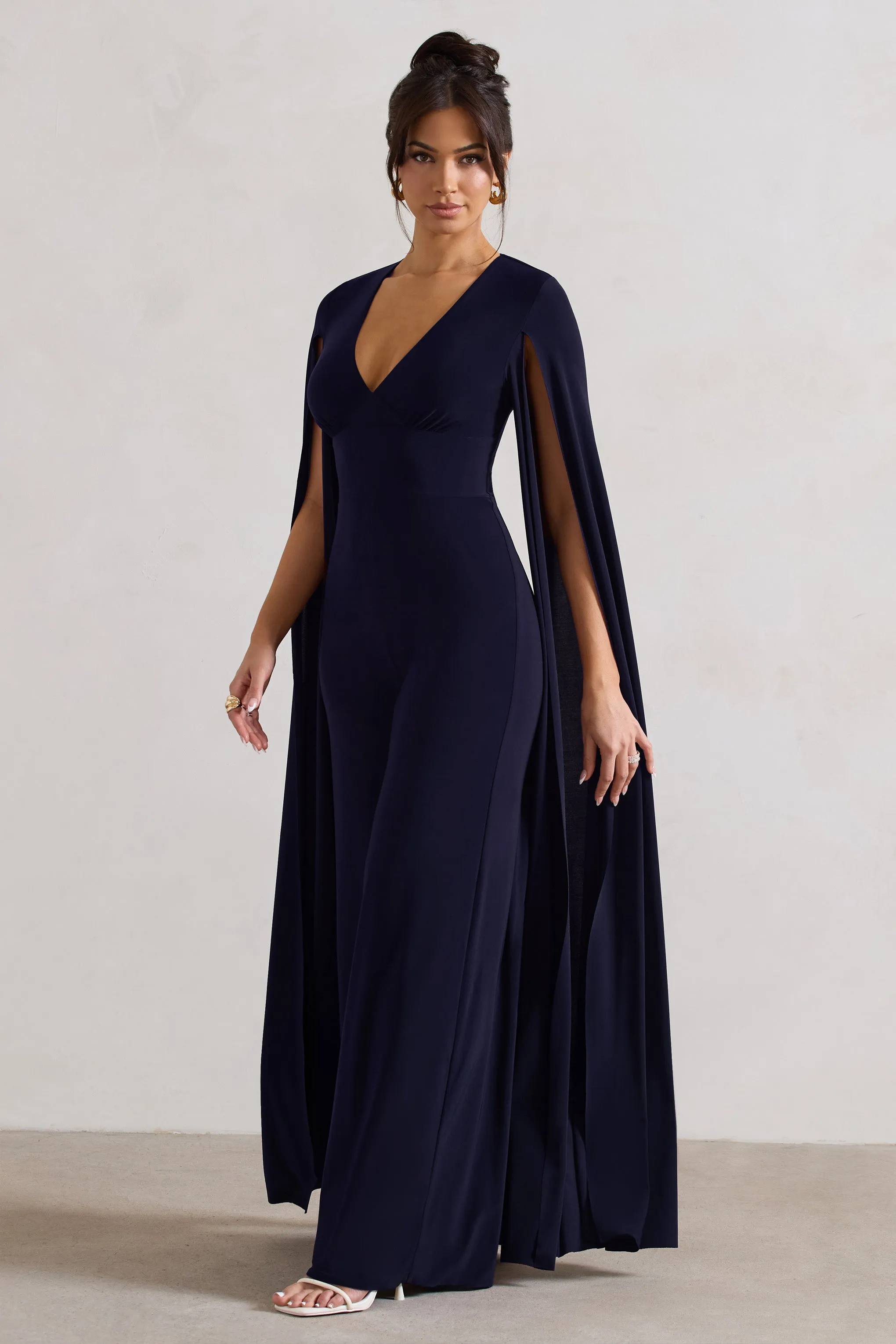 Emmanuela | Navy Plunge-Neck Wide-Leg Jumpsuit With Cape Sleeves sold by Club L London product image thumbnail 5