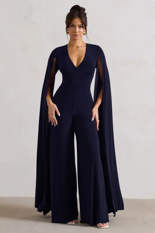 Emmanuela | Navy Plunge-Neck Wide-Leg Jumpsuit With Cape Sleeves sold by Club L London