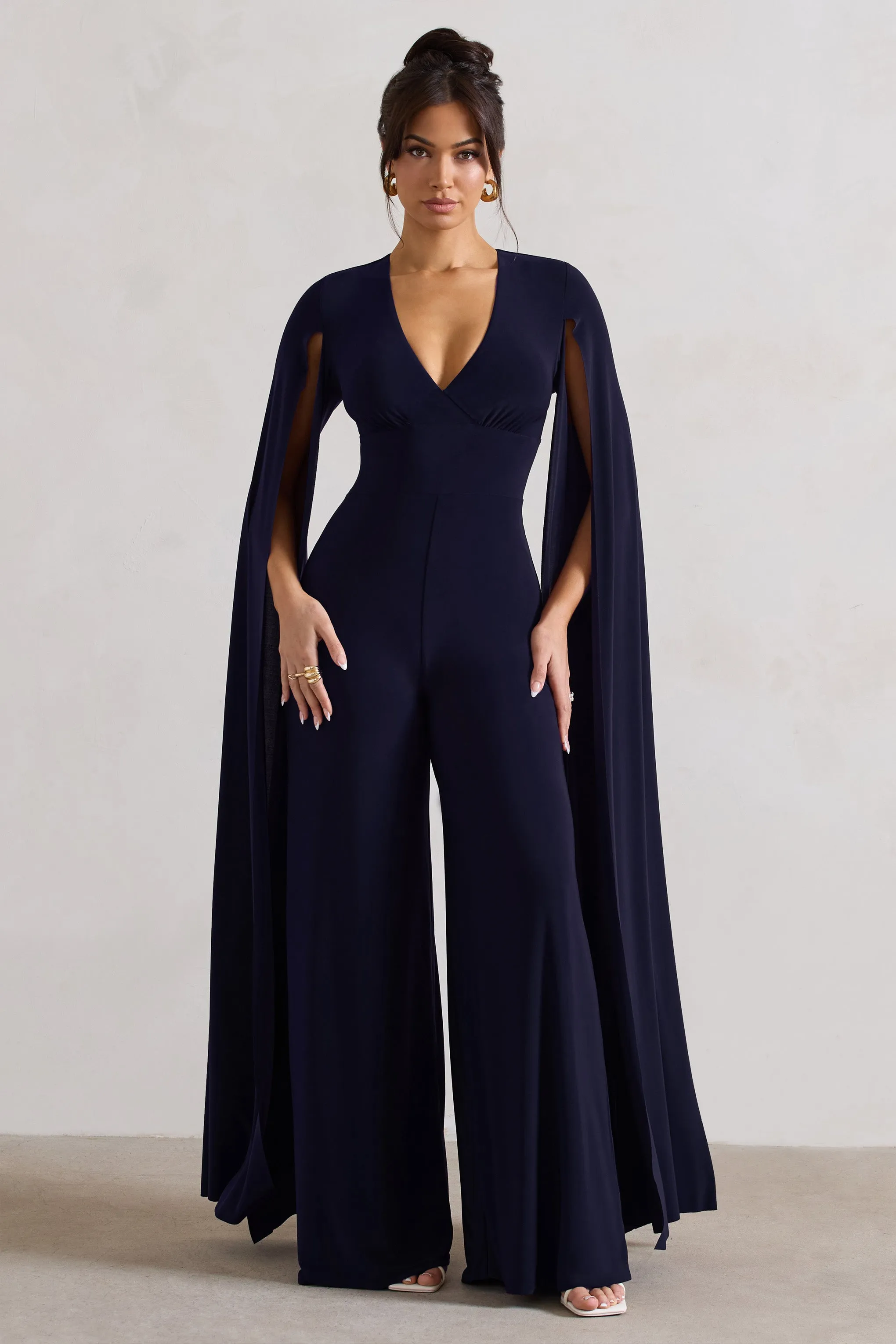 Emmanuela | Navy Plunge-Neck Wide-Leg Jumpsuit With Cape Sleeves sold by Club L London