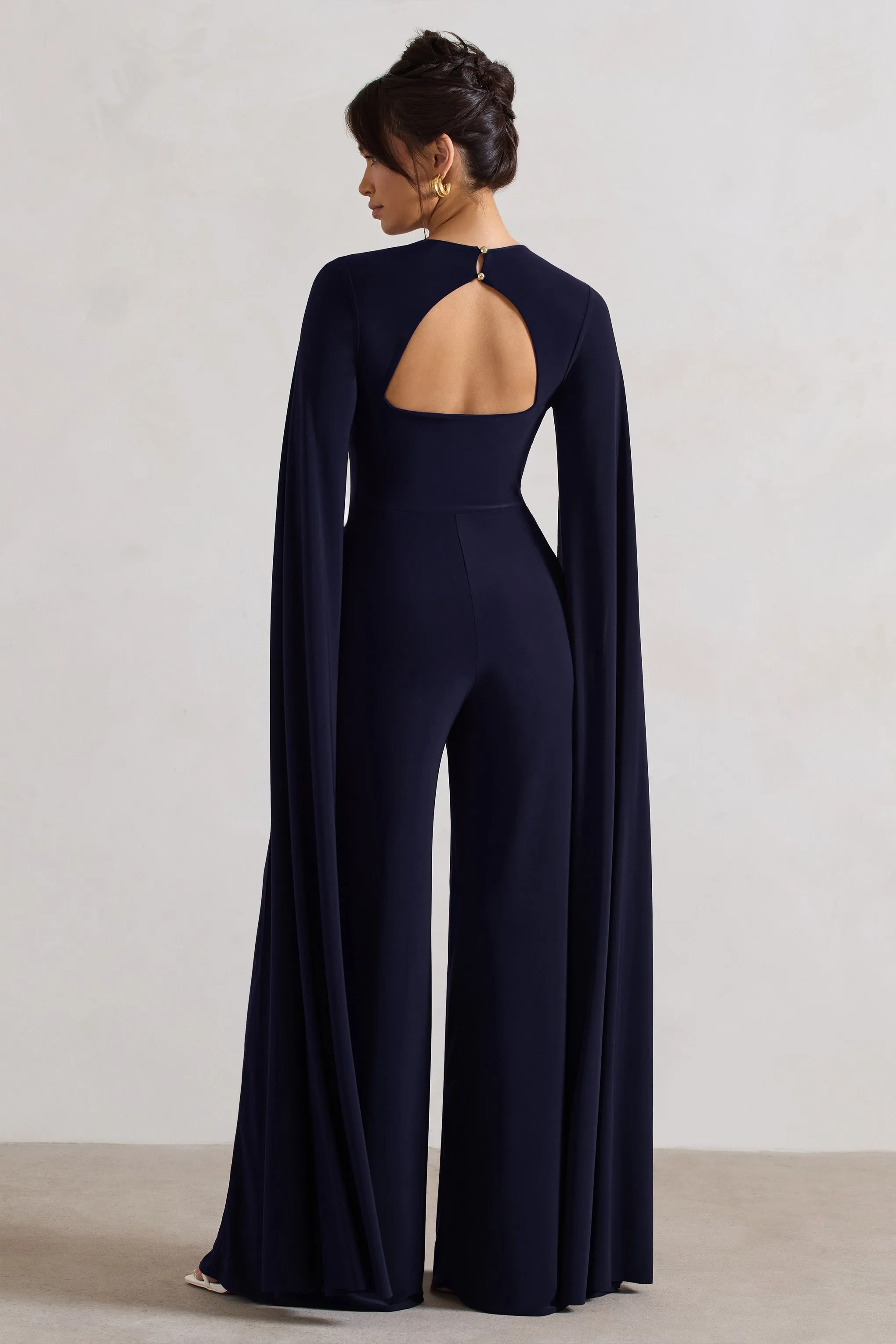 Emmanuela | Navy Plunge-Neck Wide-Leg Jumpsuit With Cape Sleeves sold by Club L London product image thumbnail 3