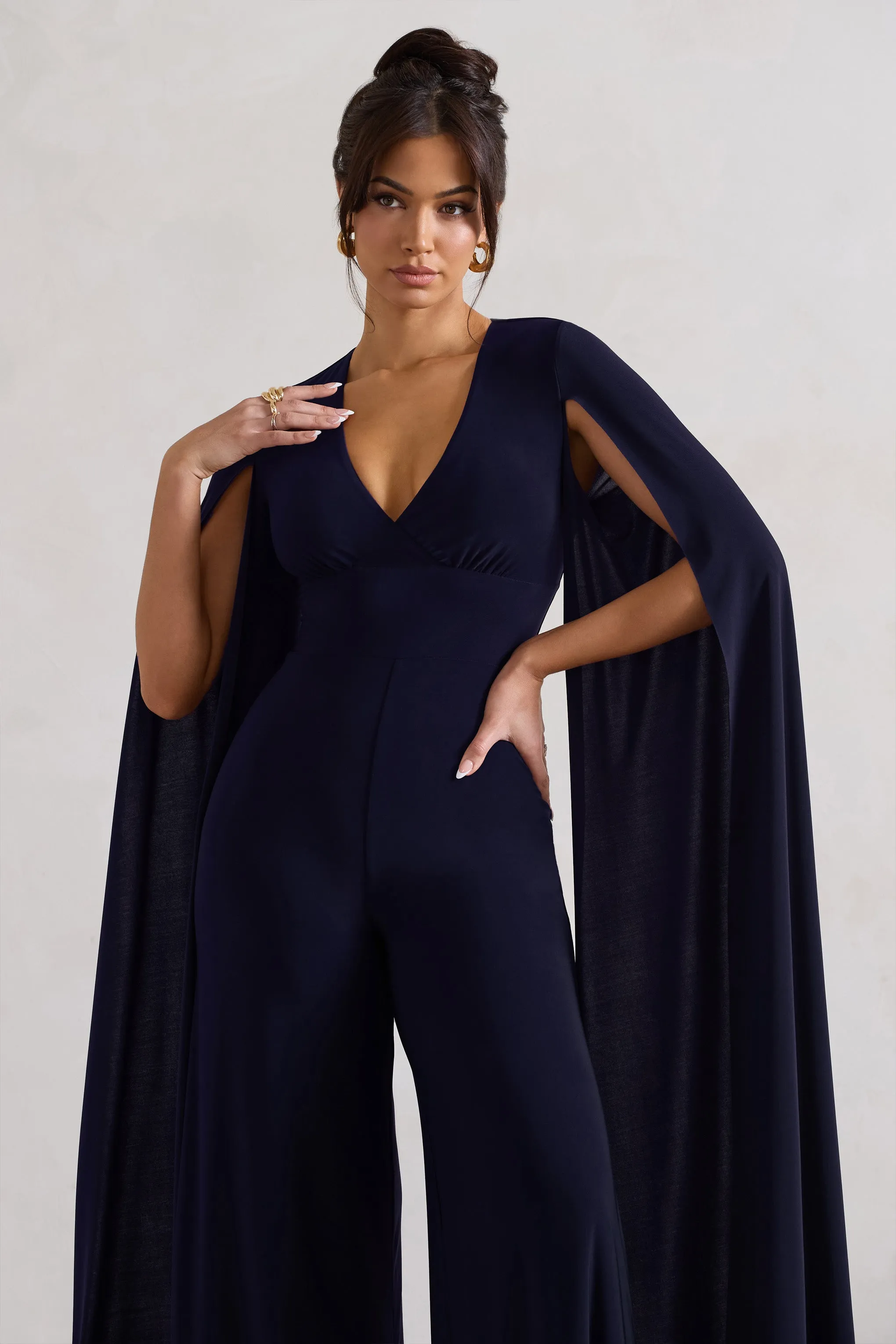 Emmanuela | Navy Plunge-Neck Wide-Leg Jumpsuit With Cape Sleeves sold by Club L London product image thumbnail 4