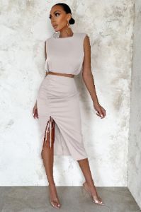 Formation | Cream Satin Side Split Ruched Midi Skirt sold by Club L London