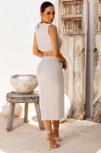 Formation | Cream Satin Side Split Ruched Midi Skirt sold by Club L London