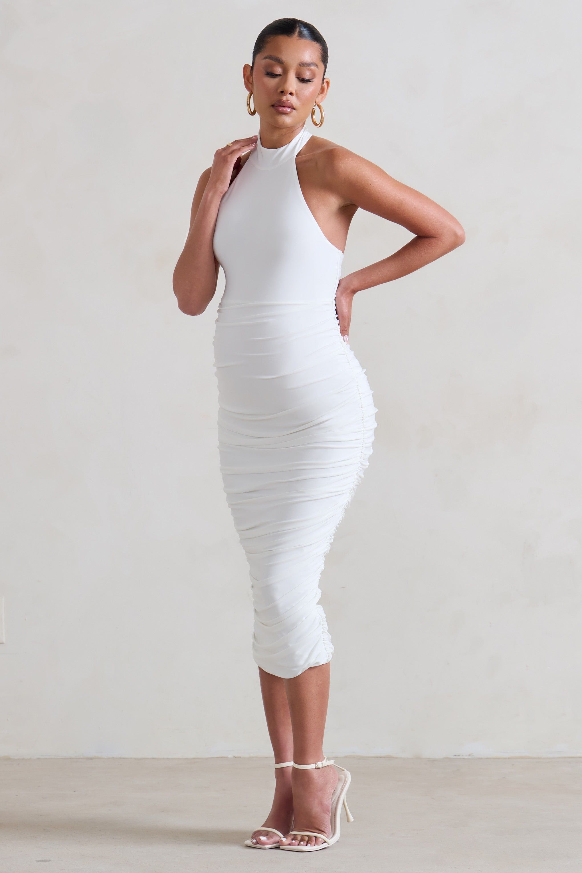 Chrissy | White Maternity Halterneck Ruched Midi Dress sold by Club L London product image thumbnail 4