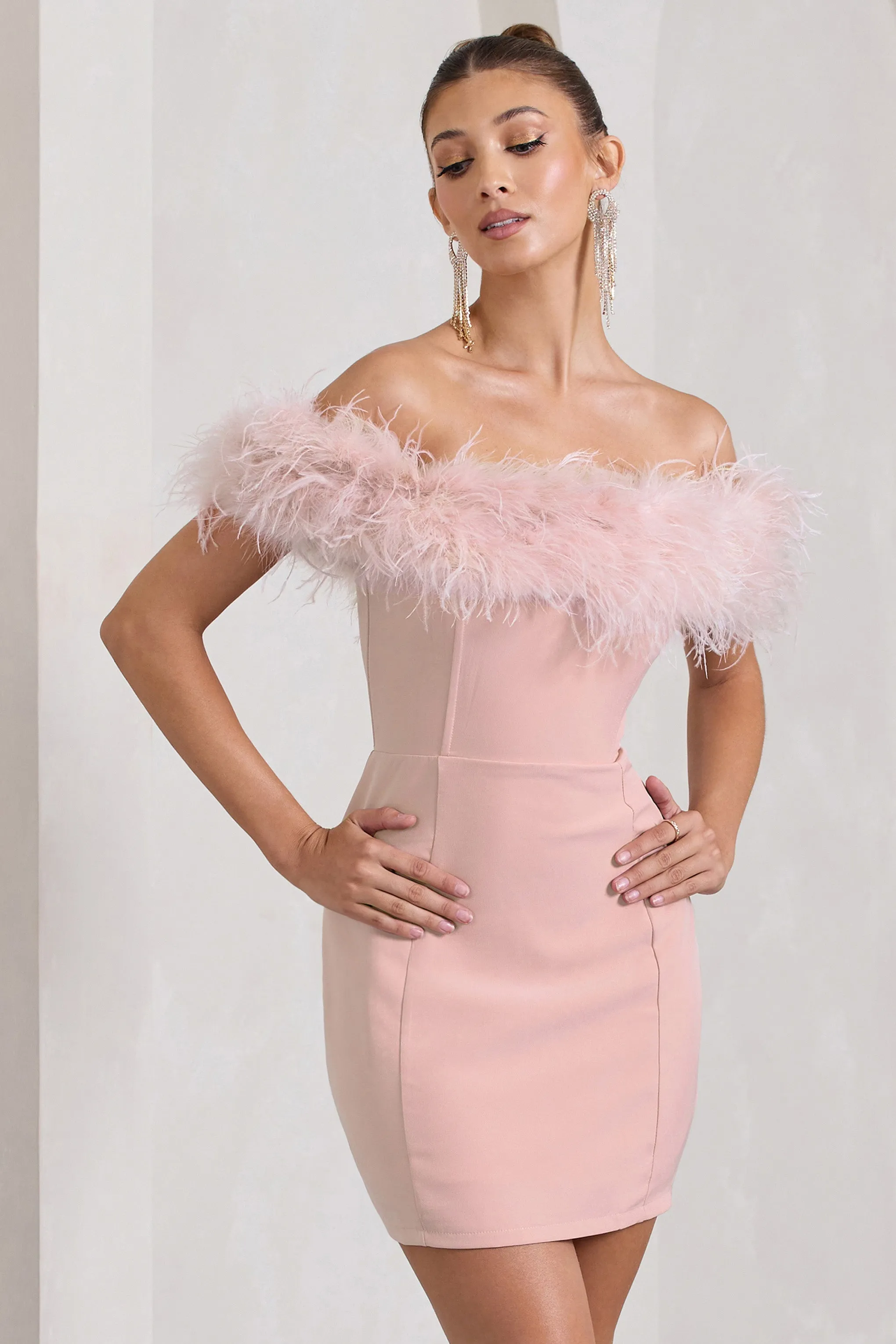 Pure Delight | Pink Bardot Feather Mini Dress sold by Club L London product image thumbnail 4