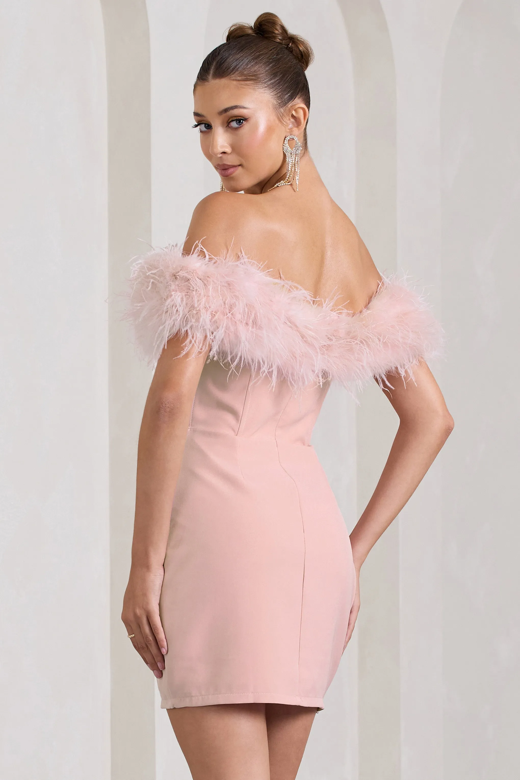 Pure Delight | Pink Bardot Feather Mini Dress sold by Club L London product image thumbnail 2