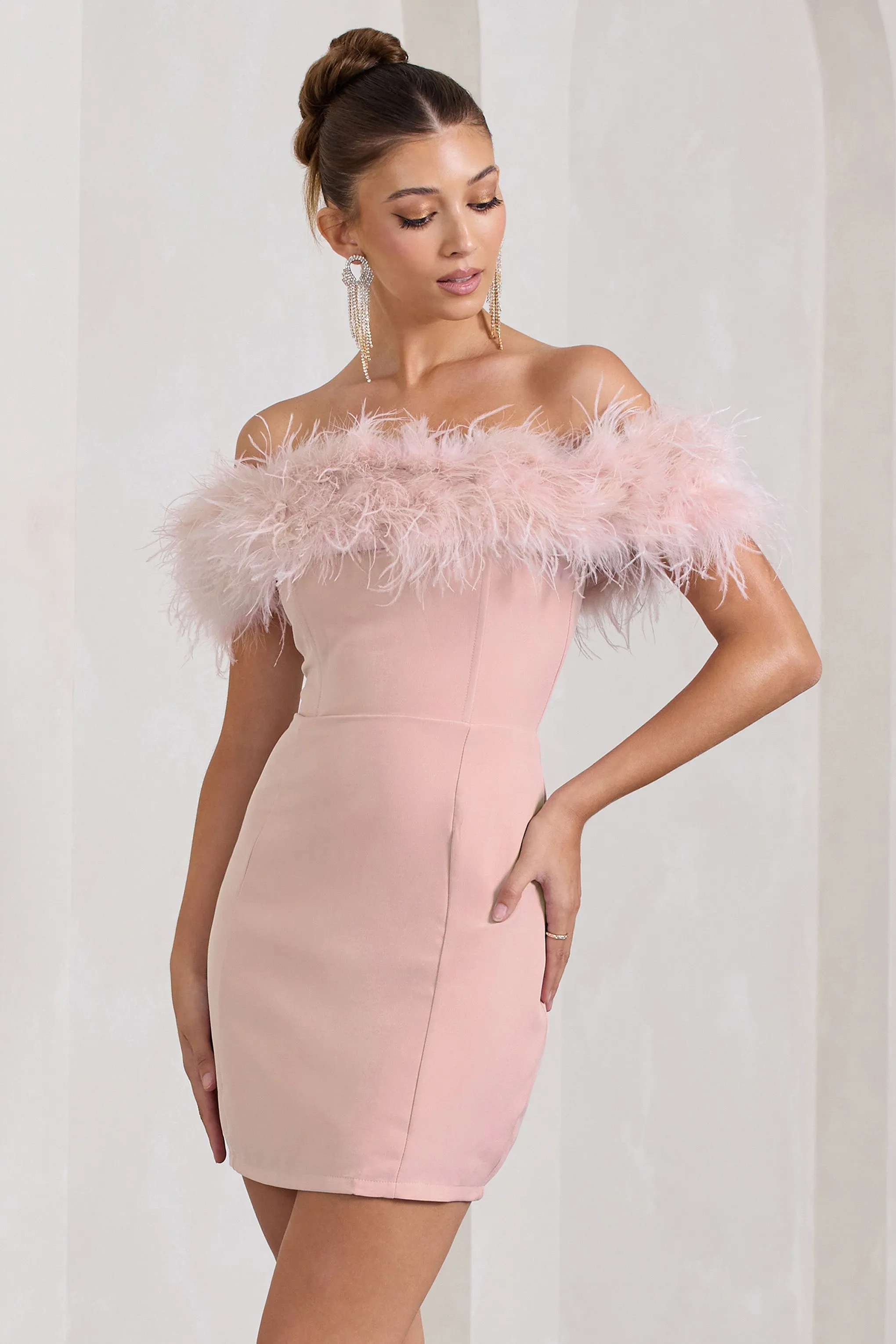 Pure Delight | Pink Bardot Feather Mini Dress sold by Club L London