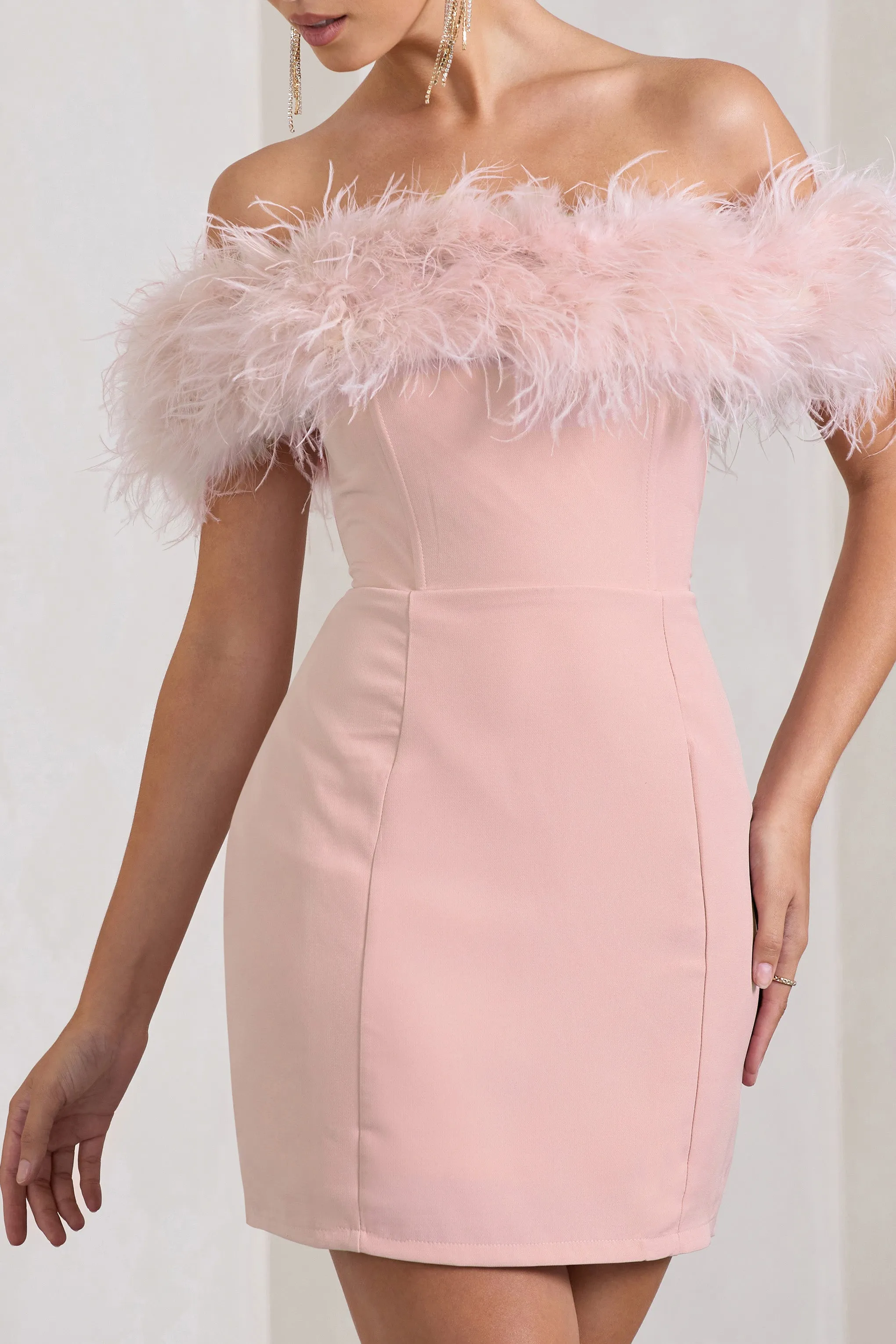 Pure Delight | Pink Bardot Feather Mini Dress sold by Club L London product image thumbnail 3