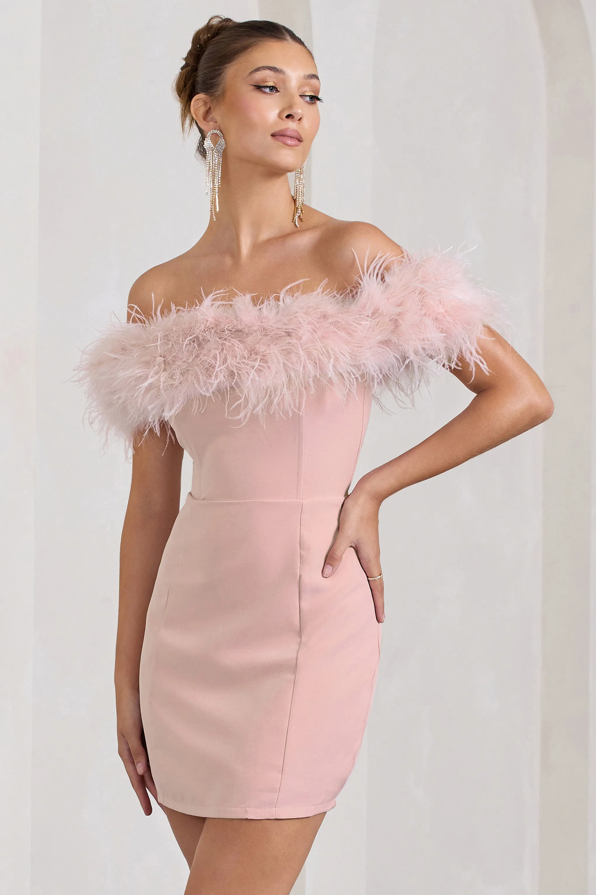 Pure Delight | Pink Bardot Feather Mini Dress sold by Club L London product image thumbnail 5