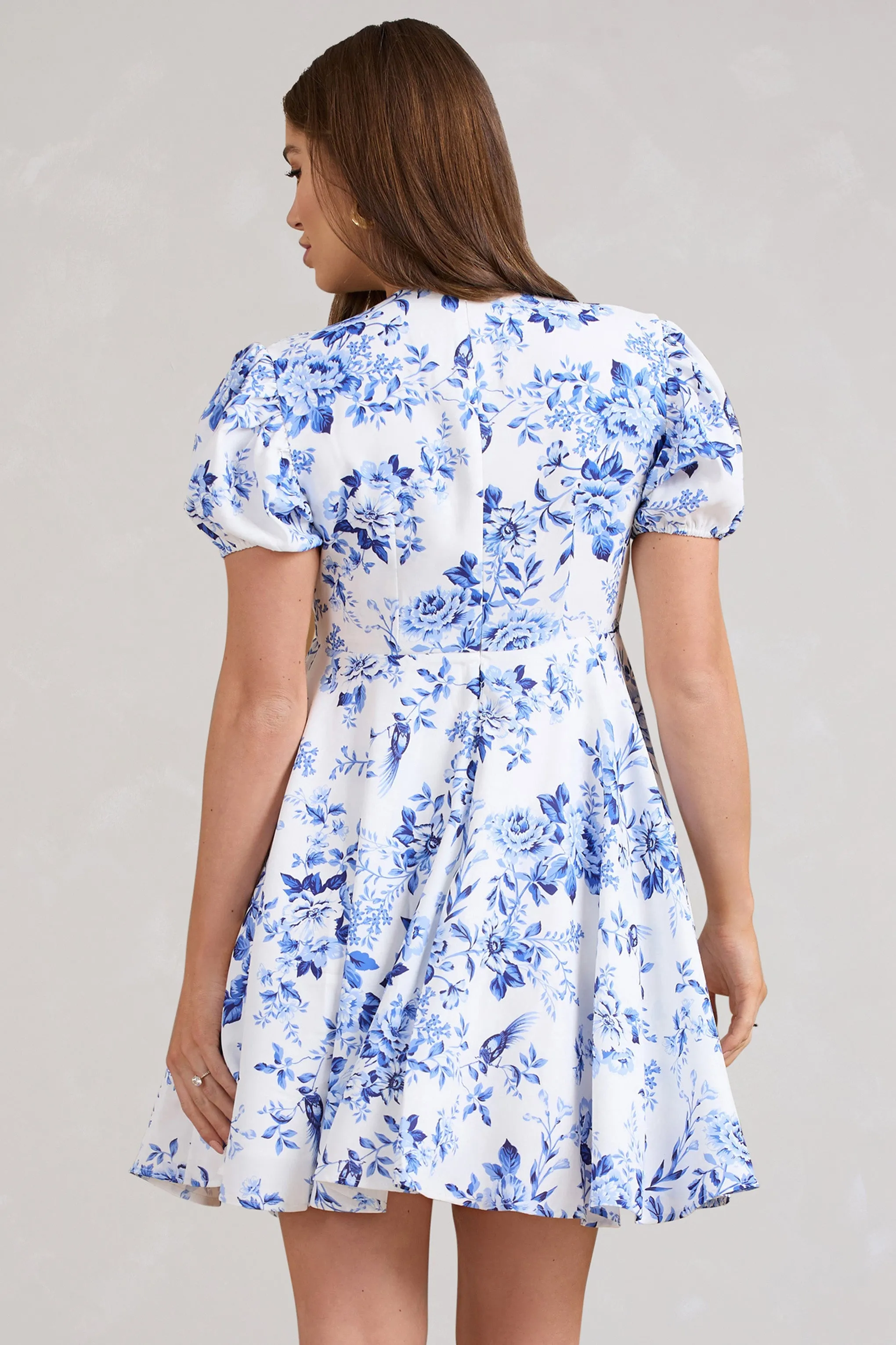 By The Cypress | Blue Floral Maternity V-Neck Puff-Sleeved Buttoned Mini Dress sold by Club L London product image thumbnail 3