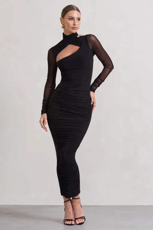 Under Wraps | Black Ruched Cut Out Long-Sleeve Midi Dress sold by Club L London
