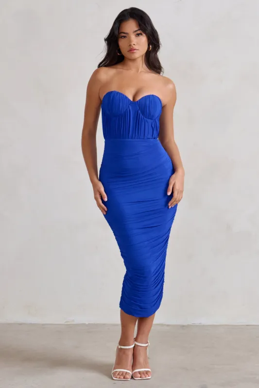 Deema | Cobalt Blue Cupped Midi Dress With Mesh Overlay sold by Club L London