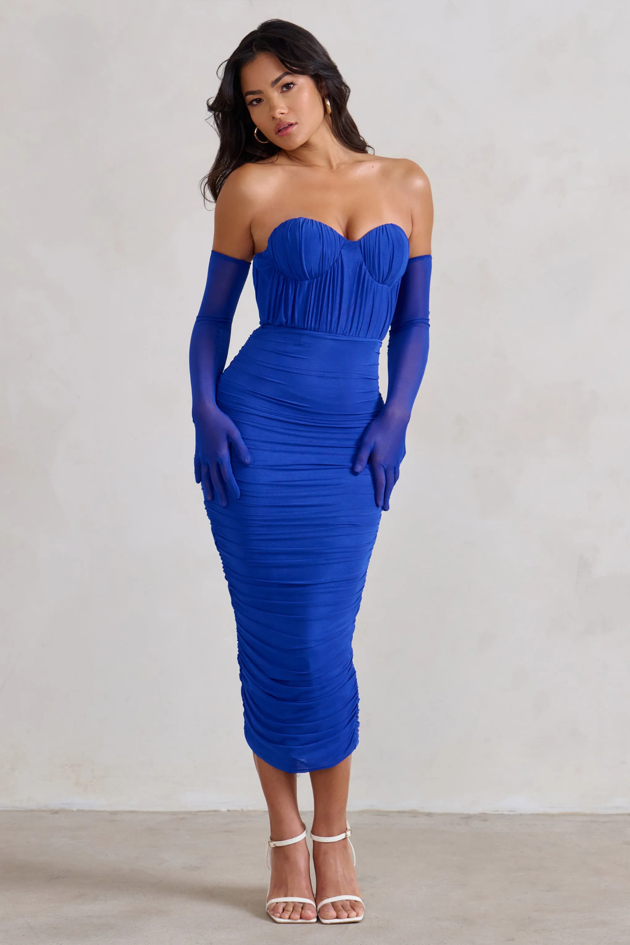 Deema | Cobalt Blue Cupped Midi Dress With Mesh Overlay sold by Club L London product image thumbnail 4