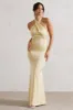 Unbeatable | Lemon Satin Cross Over Halter-Neck Maxi Dress sold by Club L London