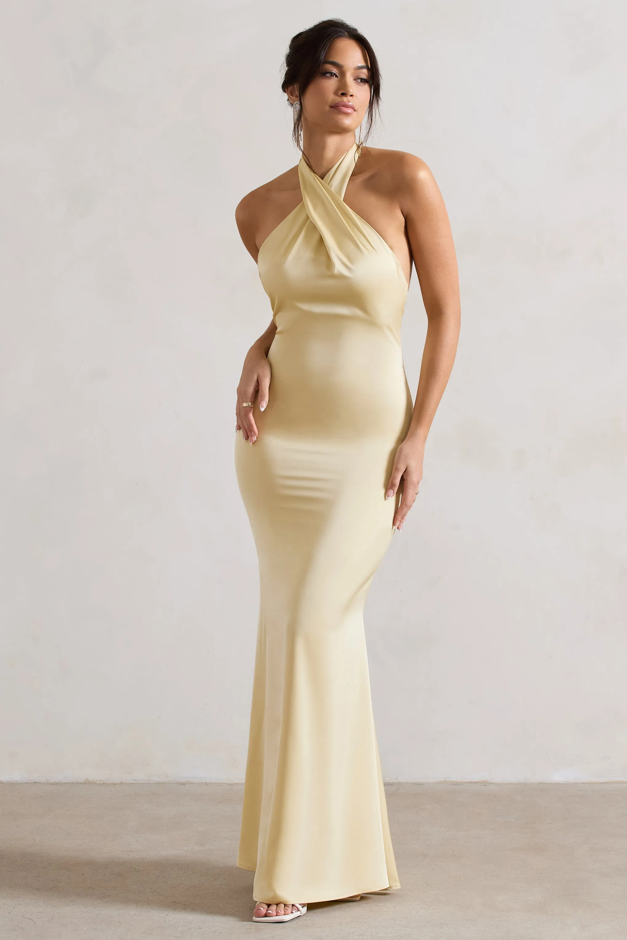 Unbeatable | Lemon Satin Cross Over Halter-Neck Maxi Dress sold by Club L London product image thumbnail 5