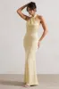 Unbeatable | Lemon Satin Cross Over Halter-Neck Maxi Dress sold by Club L London