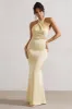 Unbeatable | Lemon Satin Cross Over Halter-Neck Maxi Dress sold by Club L London