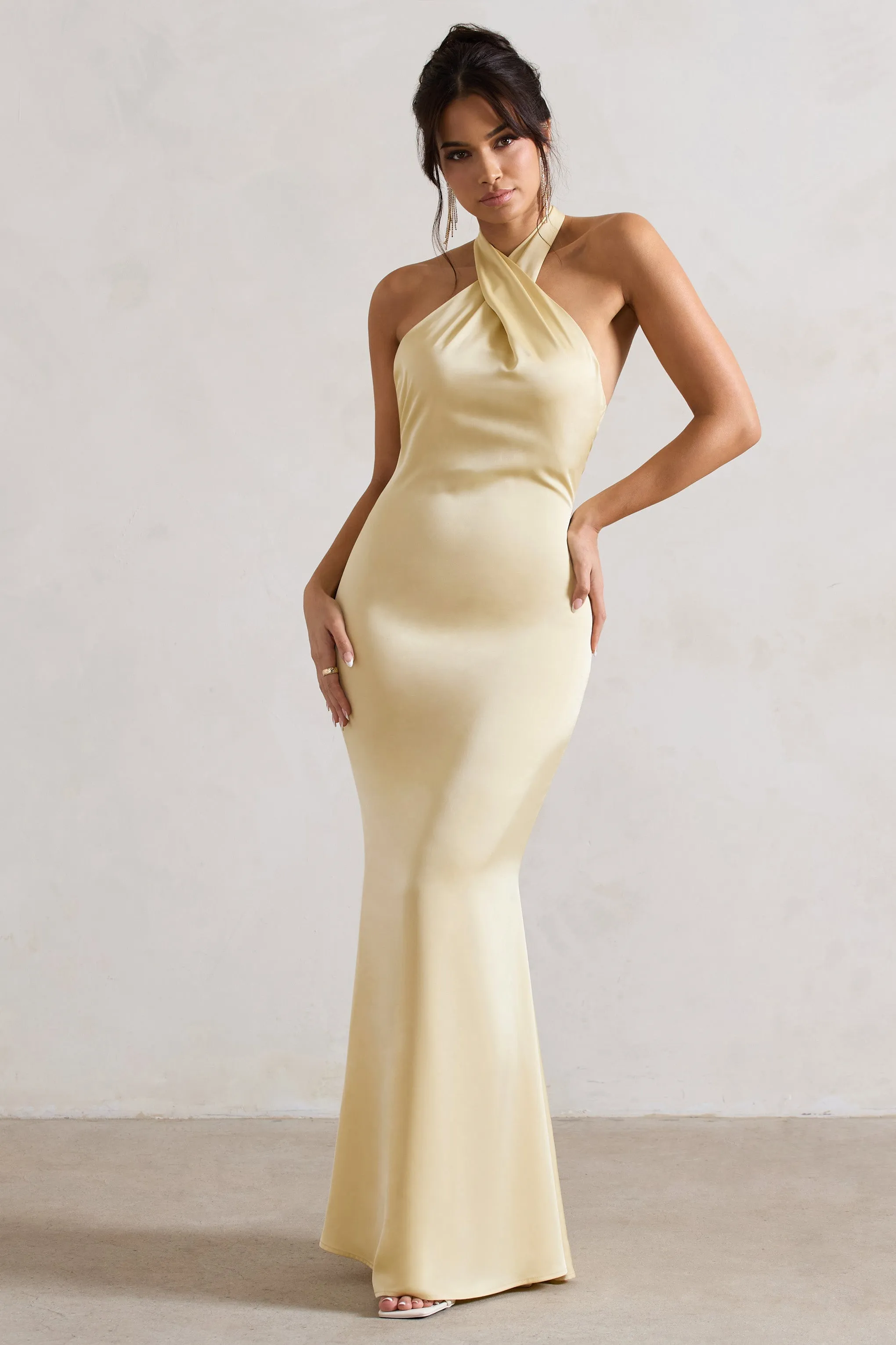 Unbeatable | Lemon Satin Cross Over Halter-Neck Maxi Dress sold by Club L London