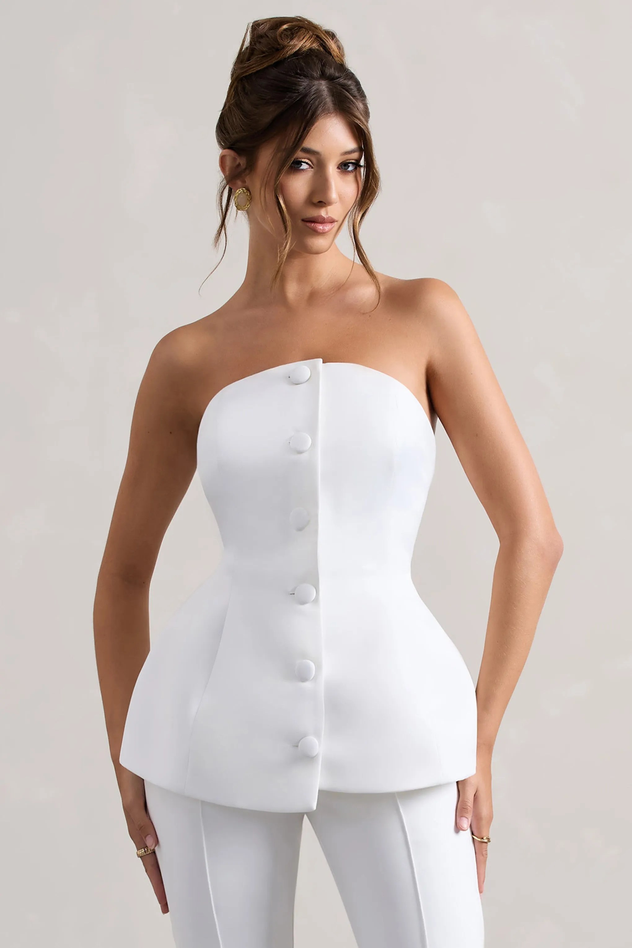 Century | Cream Satin Strapless Button Front Corset Top sold by Club L London