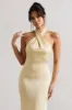 Unbeatable | Lemon Satin Cross Over Halter-Neck Maxi Dress sold by Club L London