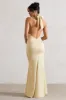 Unbeatable | Lemon Satin Cross Over Halter-Neck Maxi Dress sold by Club L London