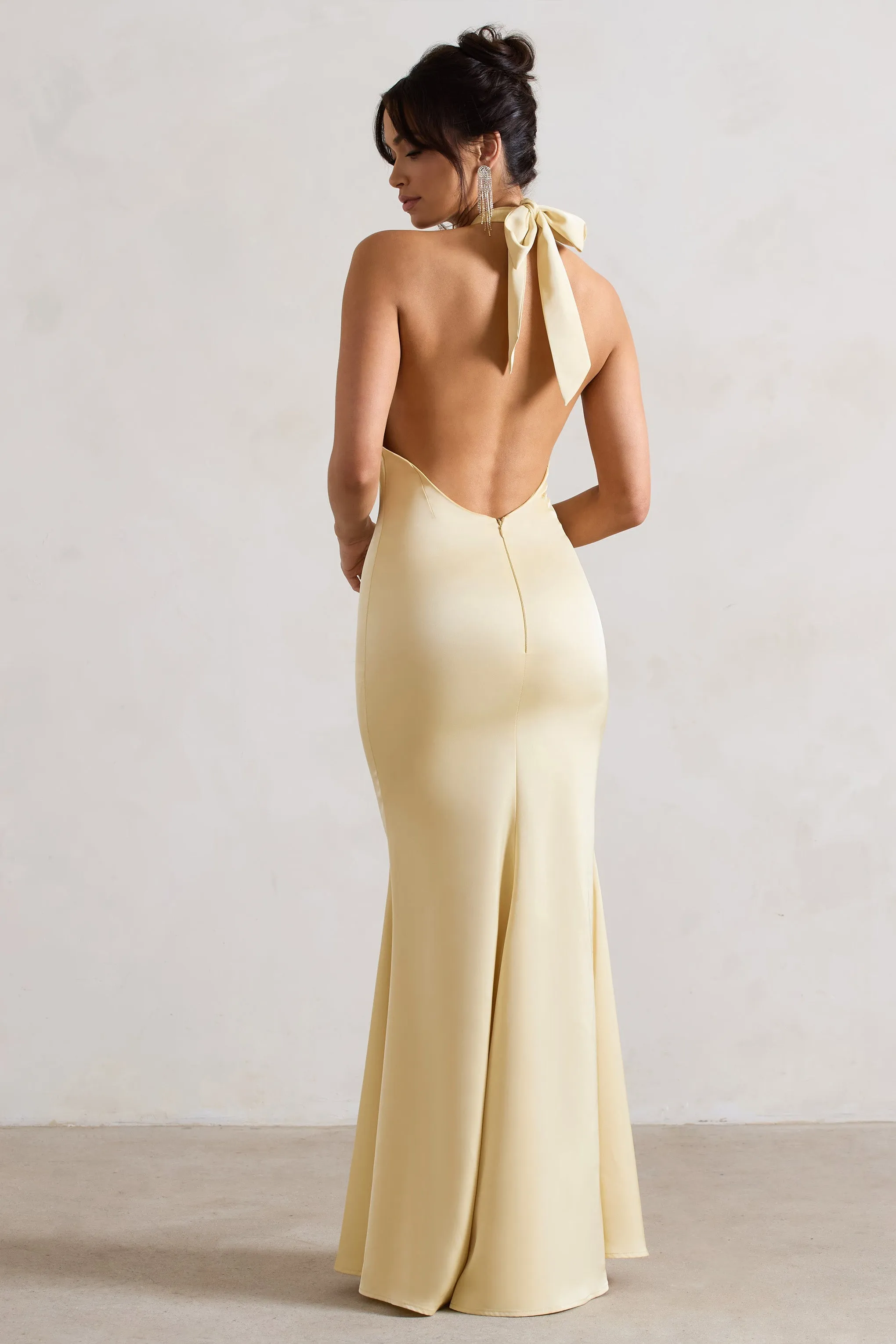 Unbeatable | Lemon Satin Cross Over Halter-Neck Maxi Dress sold by Club L London product image thumbnail 2