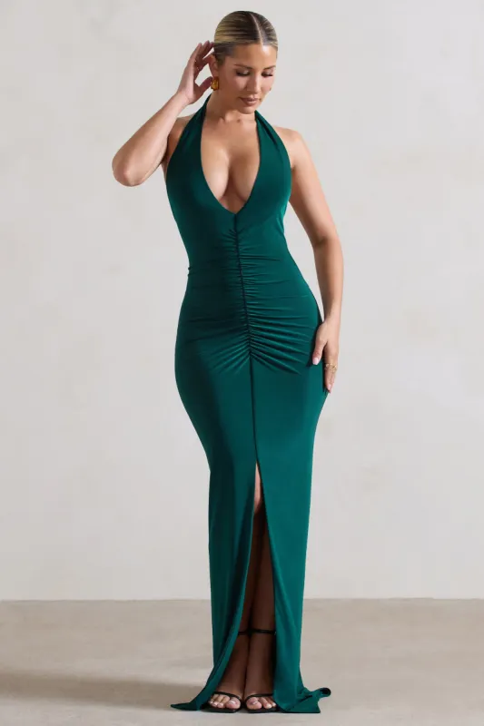Rachel | Bottle Green Ruched Halter-Neck Split Maxi Dress sold by Club L London