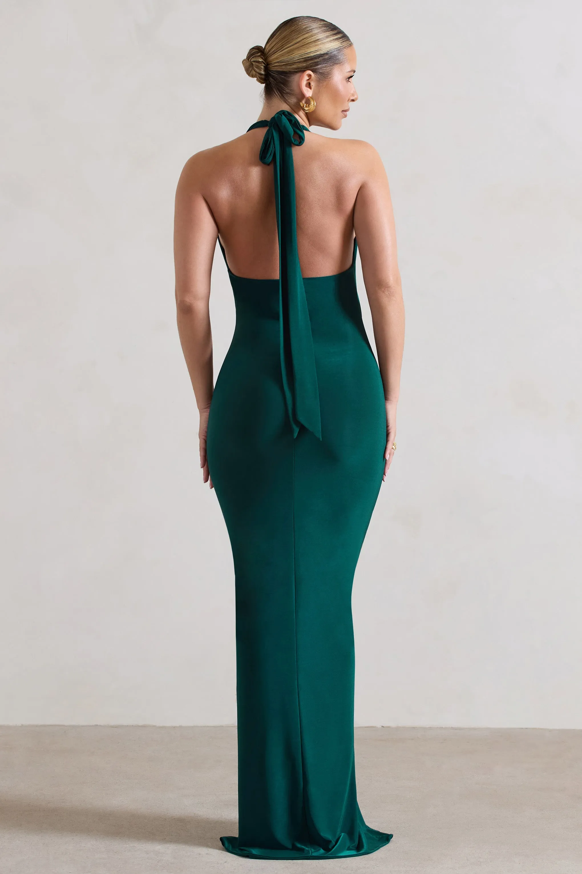 Rachel | Bottle Green Ruched Halter-Neck Split Maxi Dress sold by Club L London product image thumbnail 2