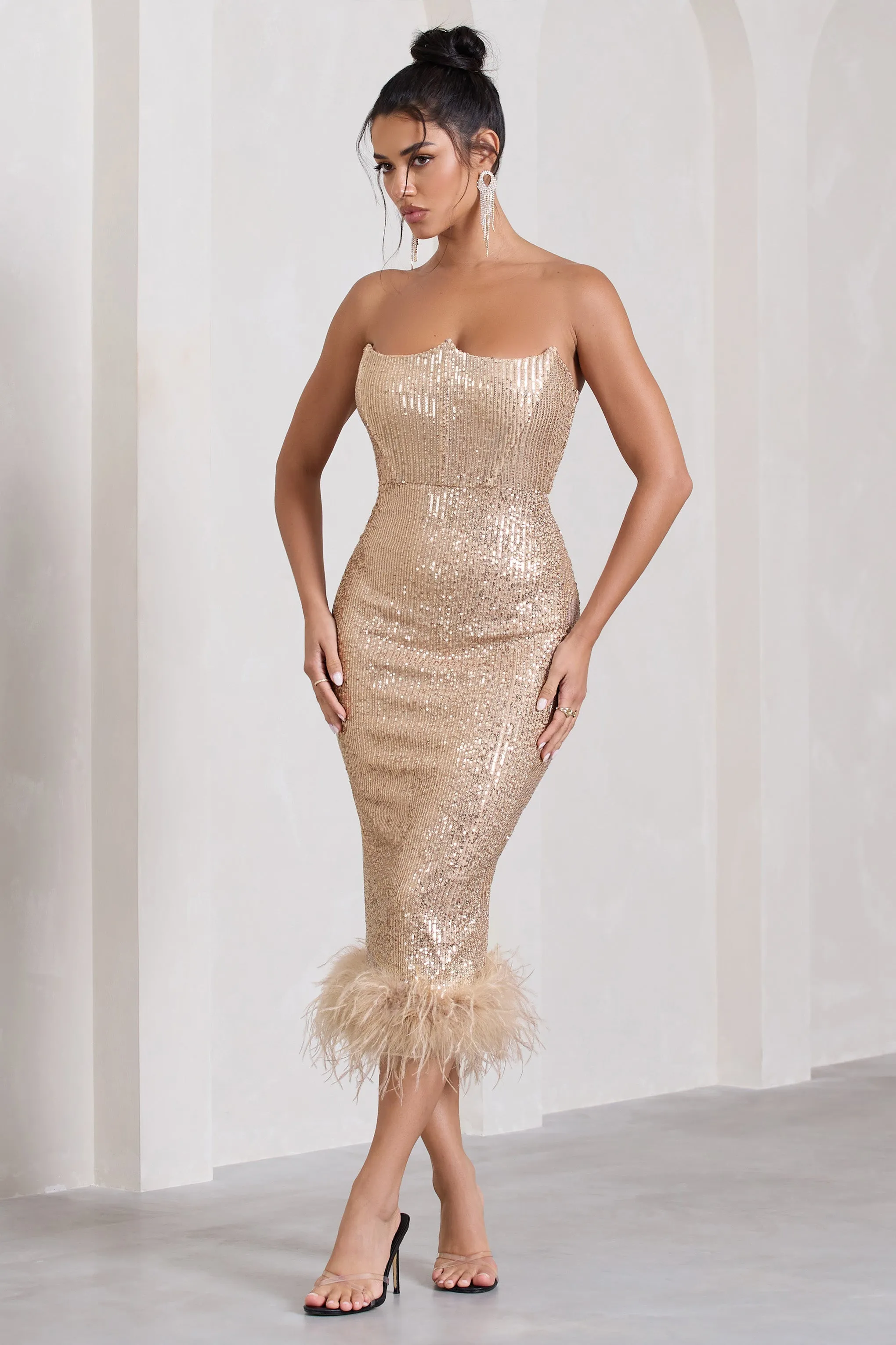 Cherie | Champagne Sequin Corset Midi Dress With Feather Trim sold by Club L London