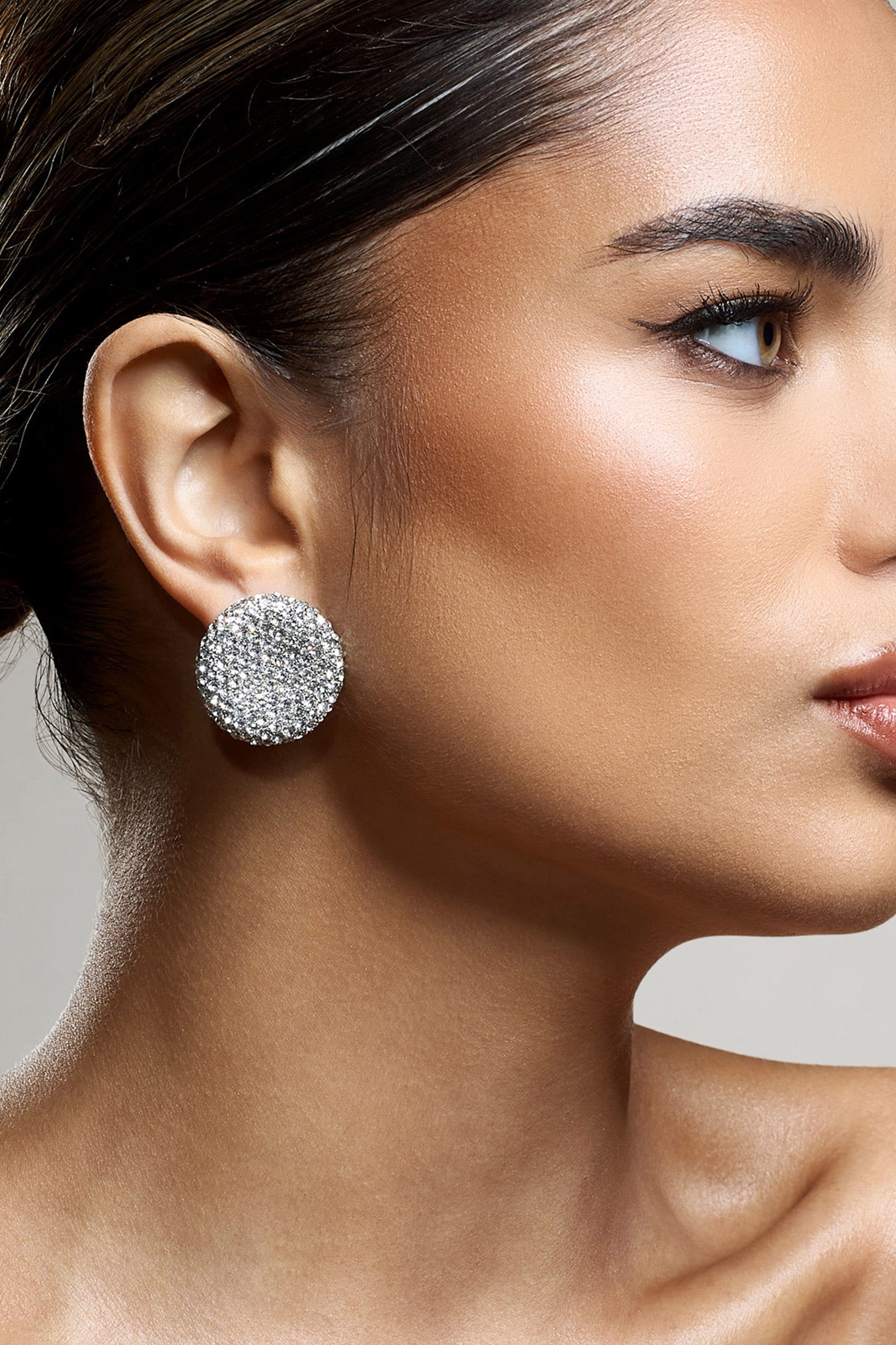 Svana | Silver Diamante Disc Earrings sold by Club L London