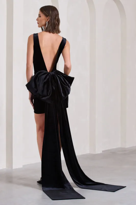Gifting | Black Velvet Plunge Mini Dress With Oversized Bow sold by Club L London
