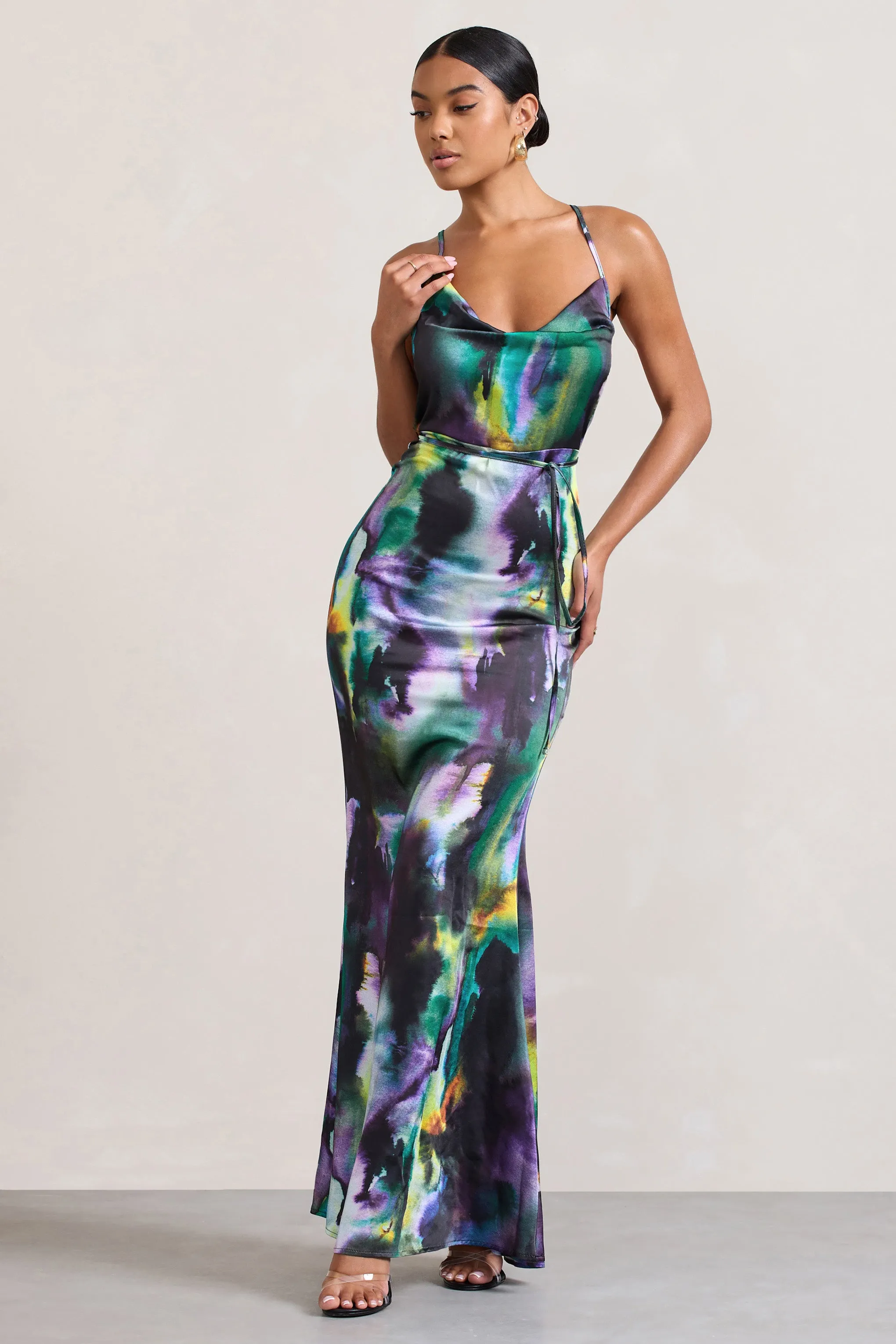 Lifetime | Watercolour Print Satin Cowl Neck Maxi Dress With Cross Back Detail sold by Club L London product image thumbnail 5