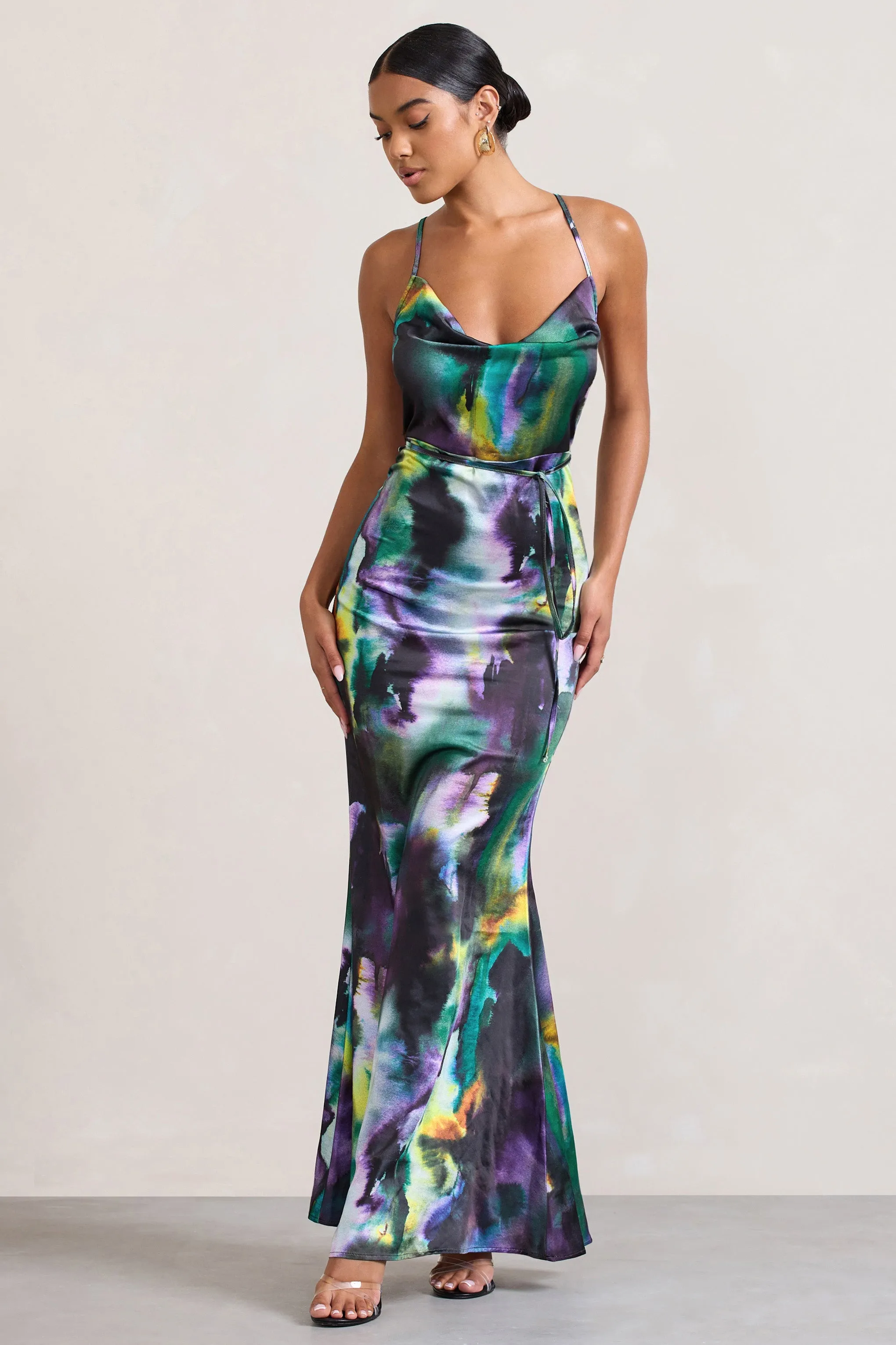 Lifetime | Watercolour Print Satin Cowl Neck Maxi Dress With Cross Back Detail sold by Club L London