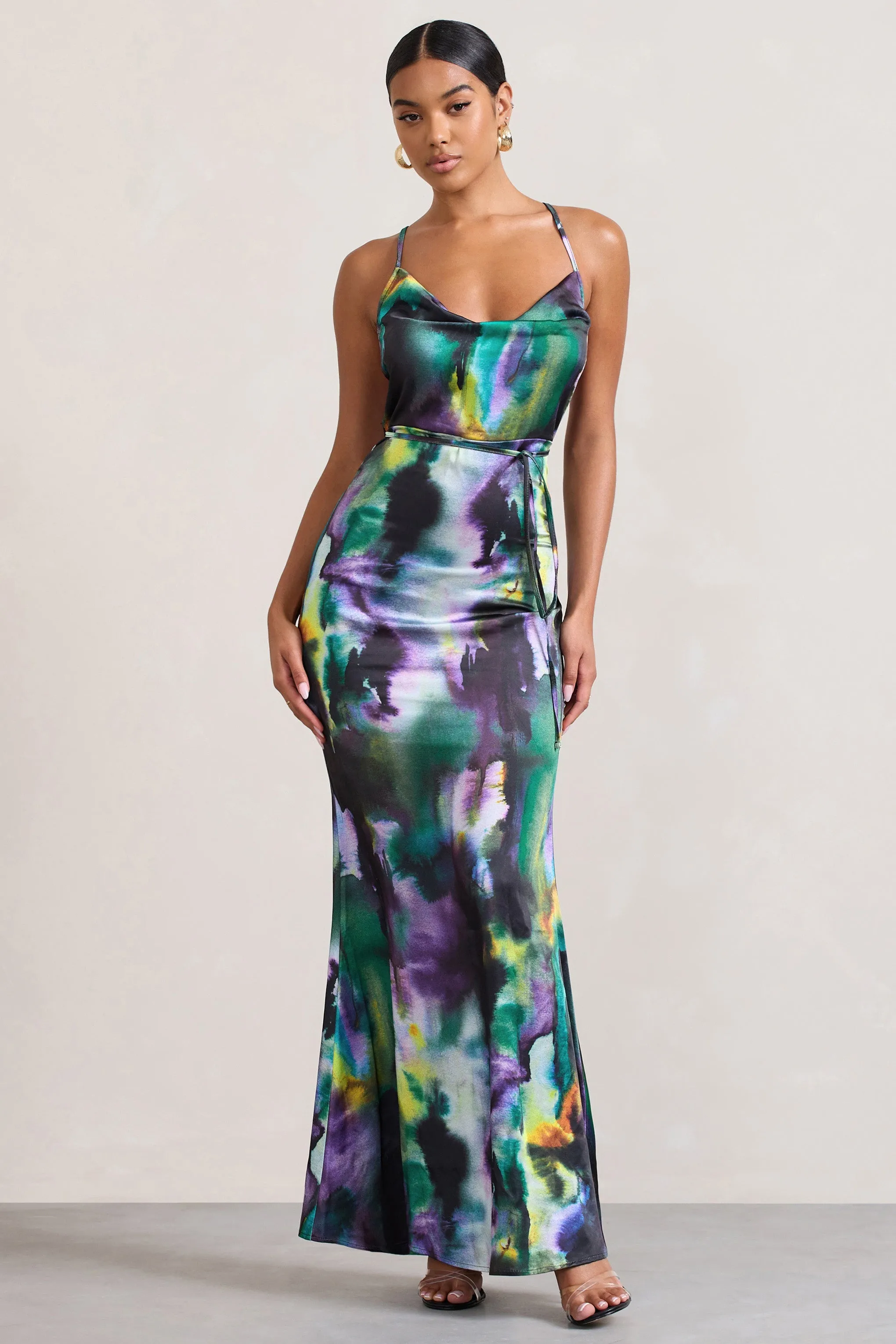 Lifetime | Watercolour Print Satin Cowl Neck Maxi Dress With Cross Back Detail sold by Club L London product image thumbnail 4