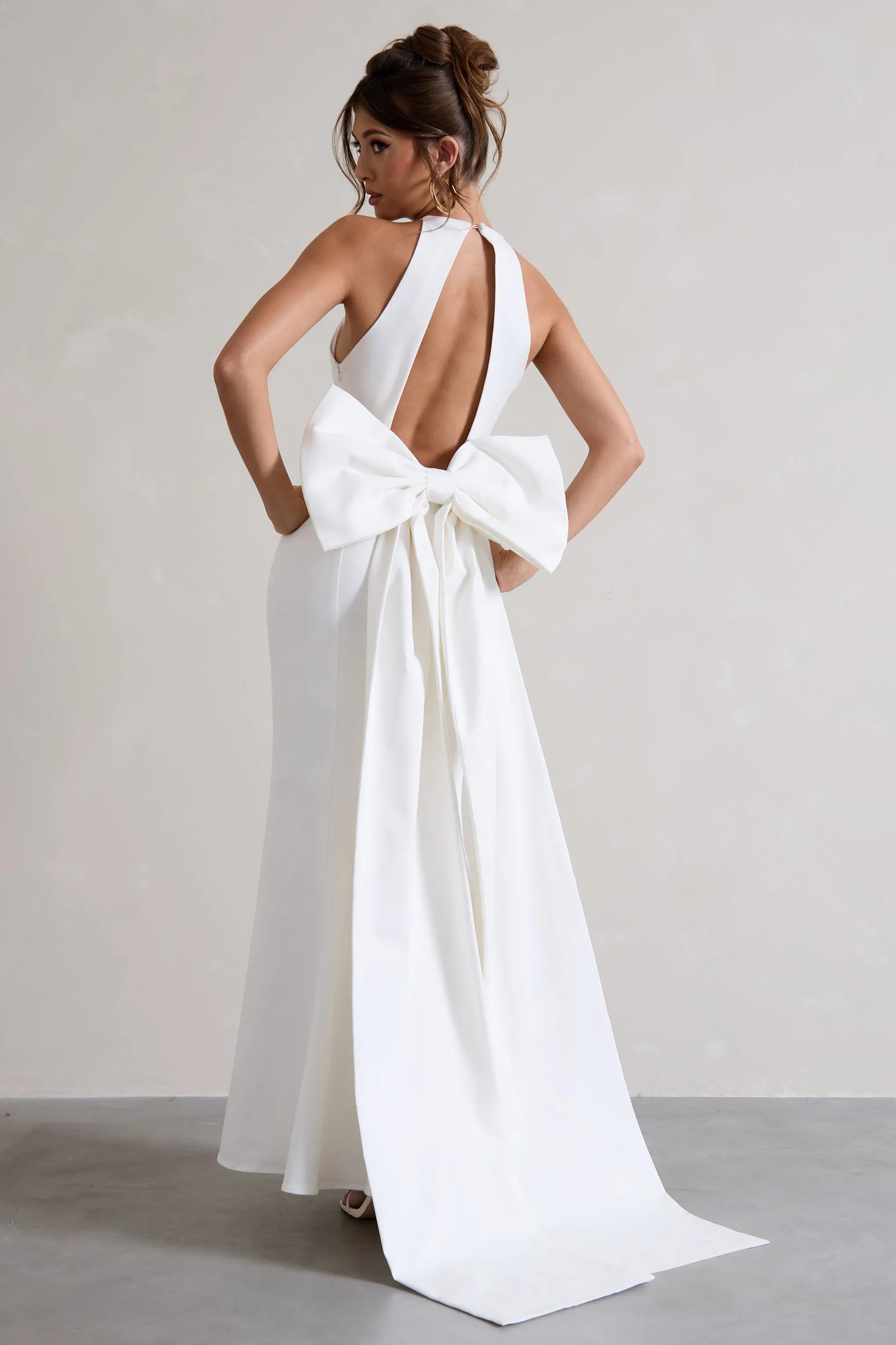Bestow | White Open-Back Maxi Dress With Oversized White Bow sold by Club L London