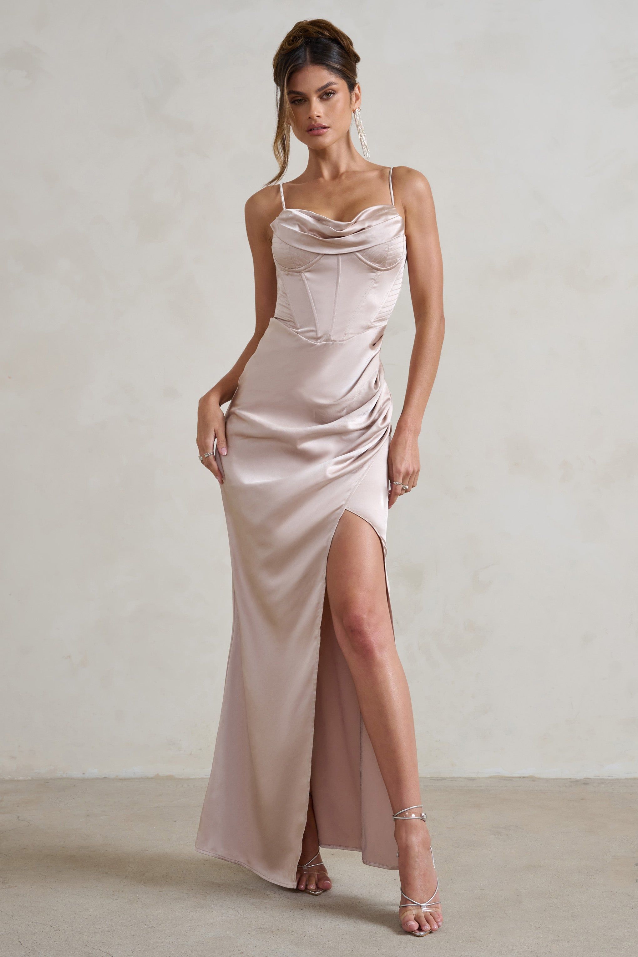 Starlight | Champagne Cowl Corset Satin Wrap Maxi Dress sold by Club L London product image thumbnail 4