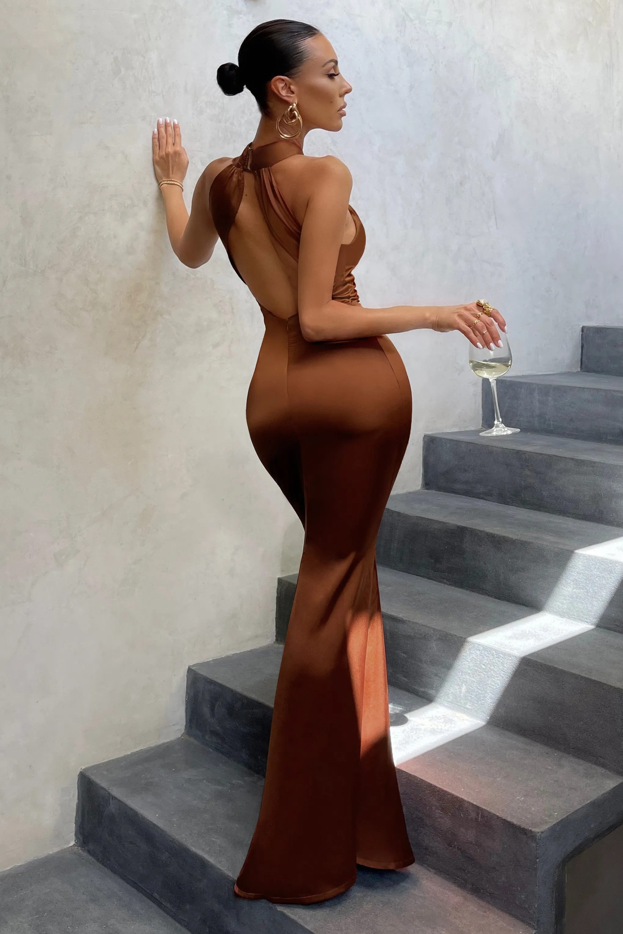 Unstoppable | Rust Satin Cross Over Halter Neck Maxi Dress sold by Club L London product image thumbnail 2