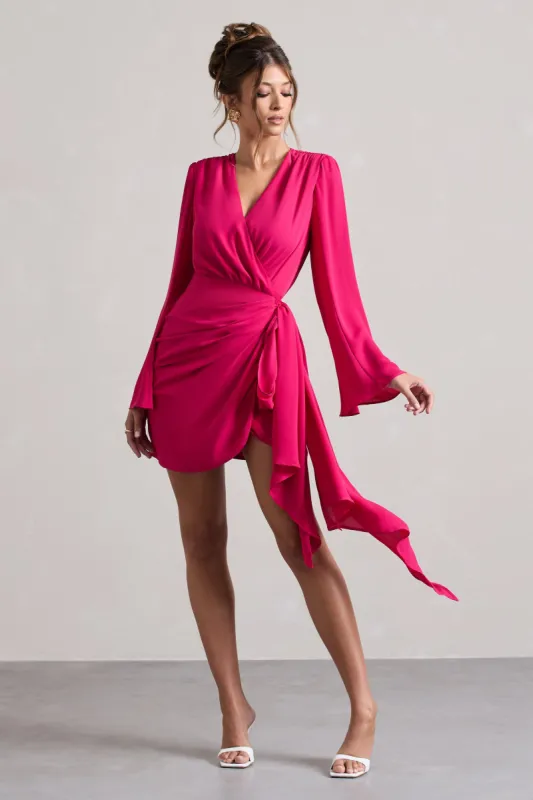 Alinta | Hot Pink Long-Sleeve Wrap Mini Dress sold by Club L London
