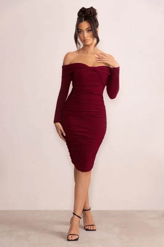 Lulu | Burgundy Twist Front Bardot Midi Dress With Sleeves sold by Club L London