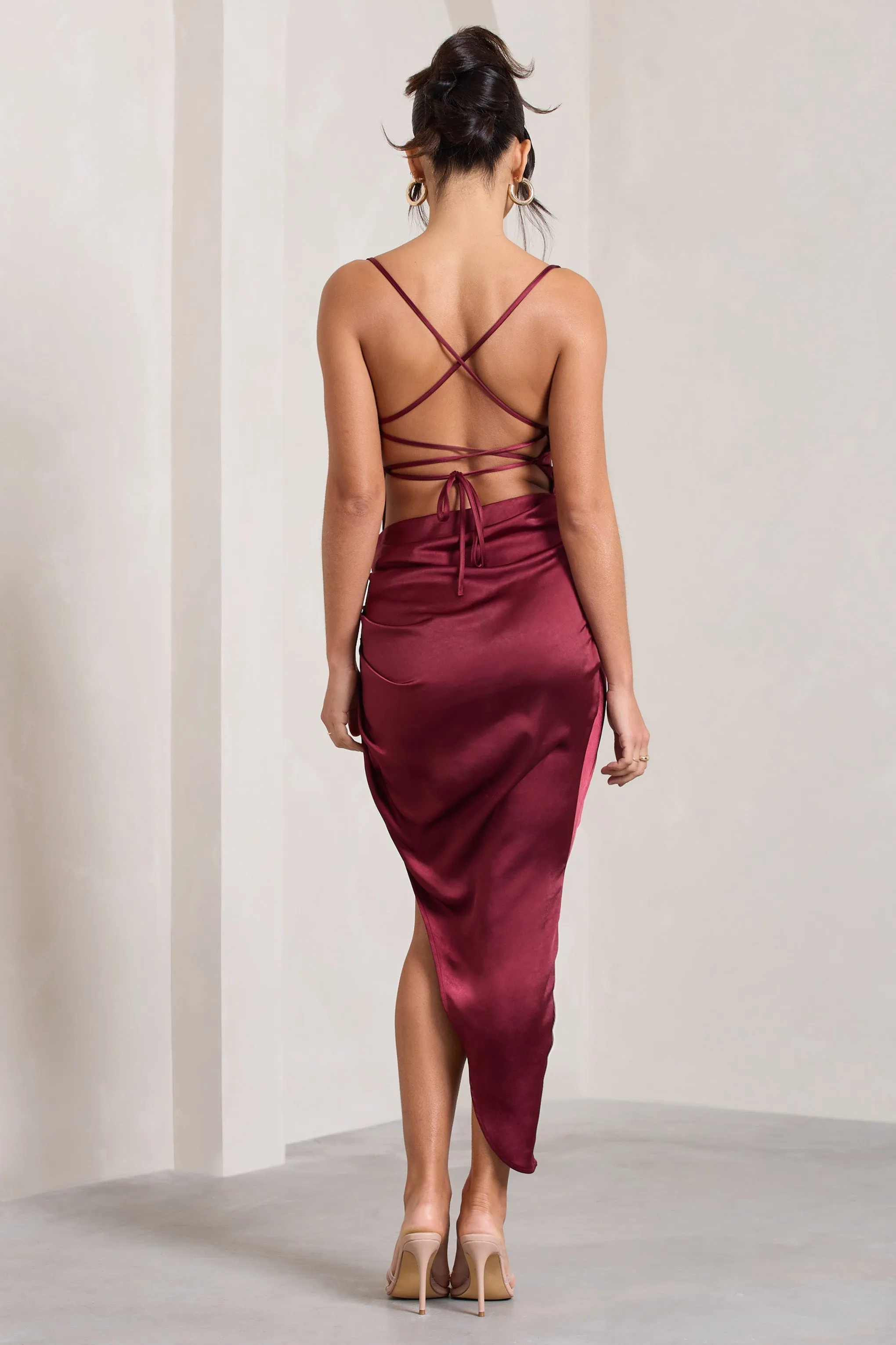 Risk It All | Burgundy Satin Cami Cowl Neck Asymmetric Hem Dress sold by Club L London product image thumbnail 2