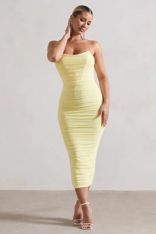 Nylah | Lemon Ruched Corset Bodycon Midi Dress sold by Club L London