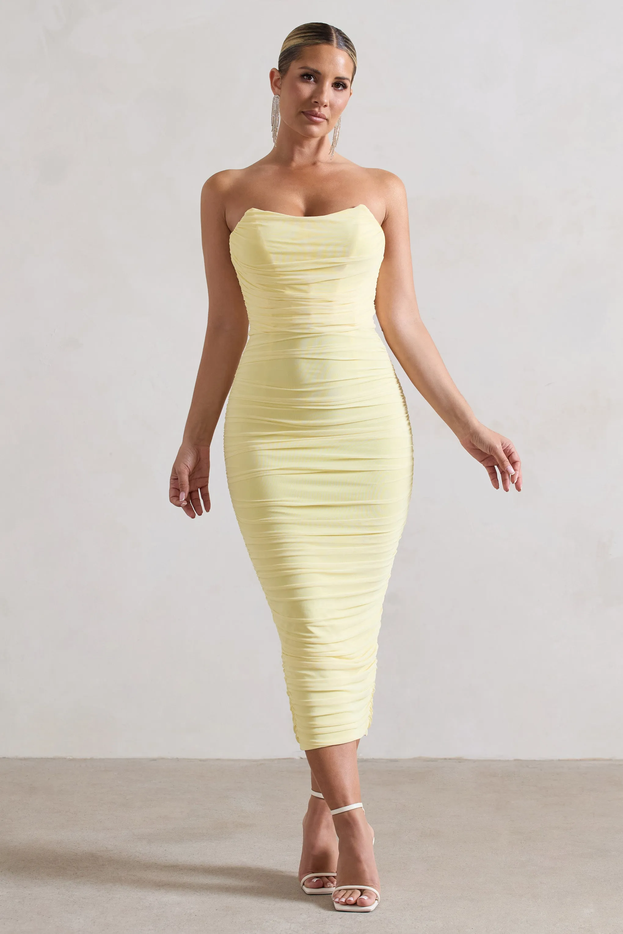 Nylah | Lemon Ruched Corset Bodycon Midi Dress sold by Club L London product image thumbnail 4