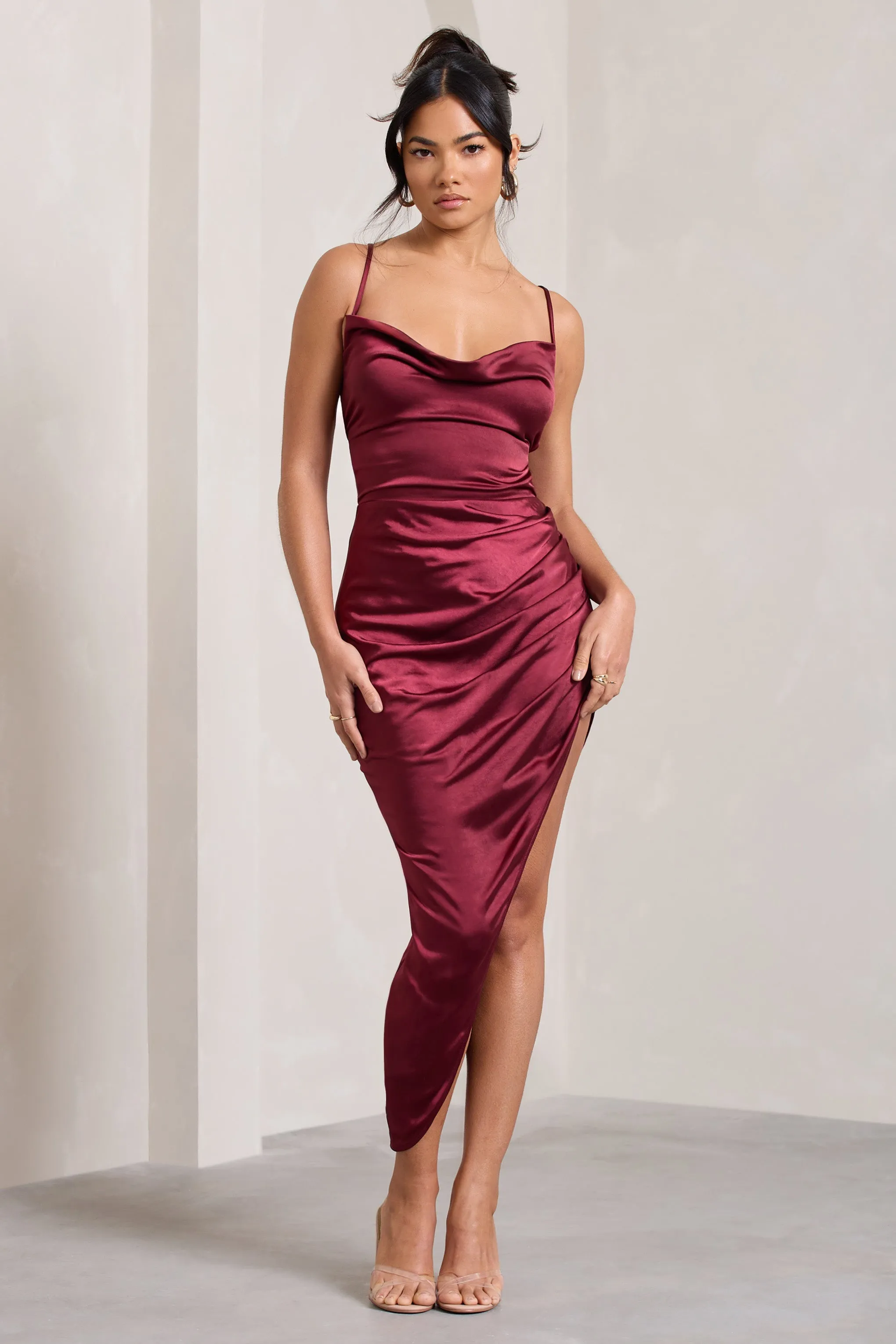 Risk It All | Burgundy Satin Cami Cowl Neck Asymmetric Hem Dress sold by Club L London product image thumbnail 3
