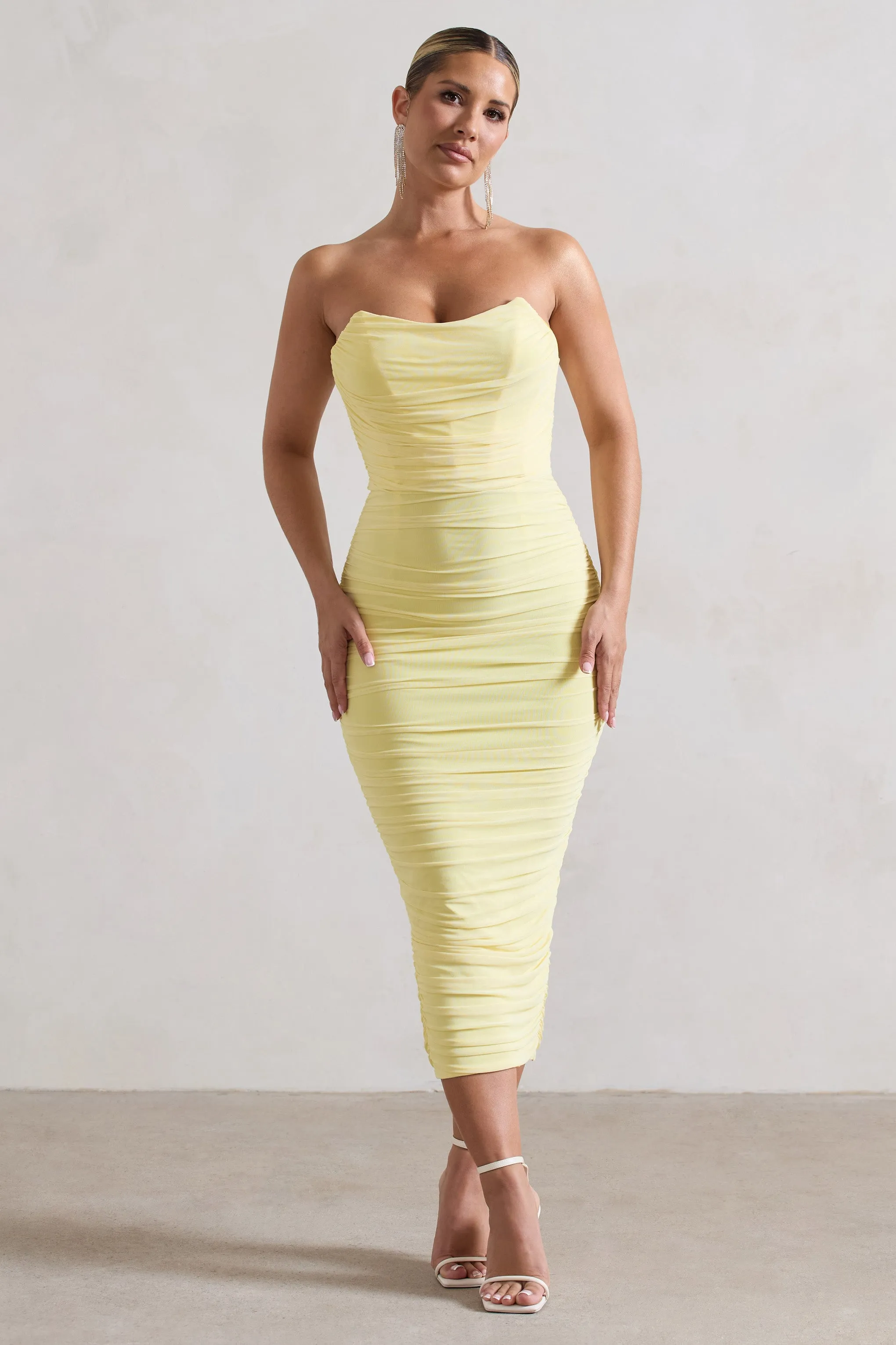 Nylah | Lemon Ruched Corset Bodycon Midi Dress sold by Club L London product image thumbnail 5