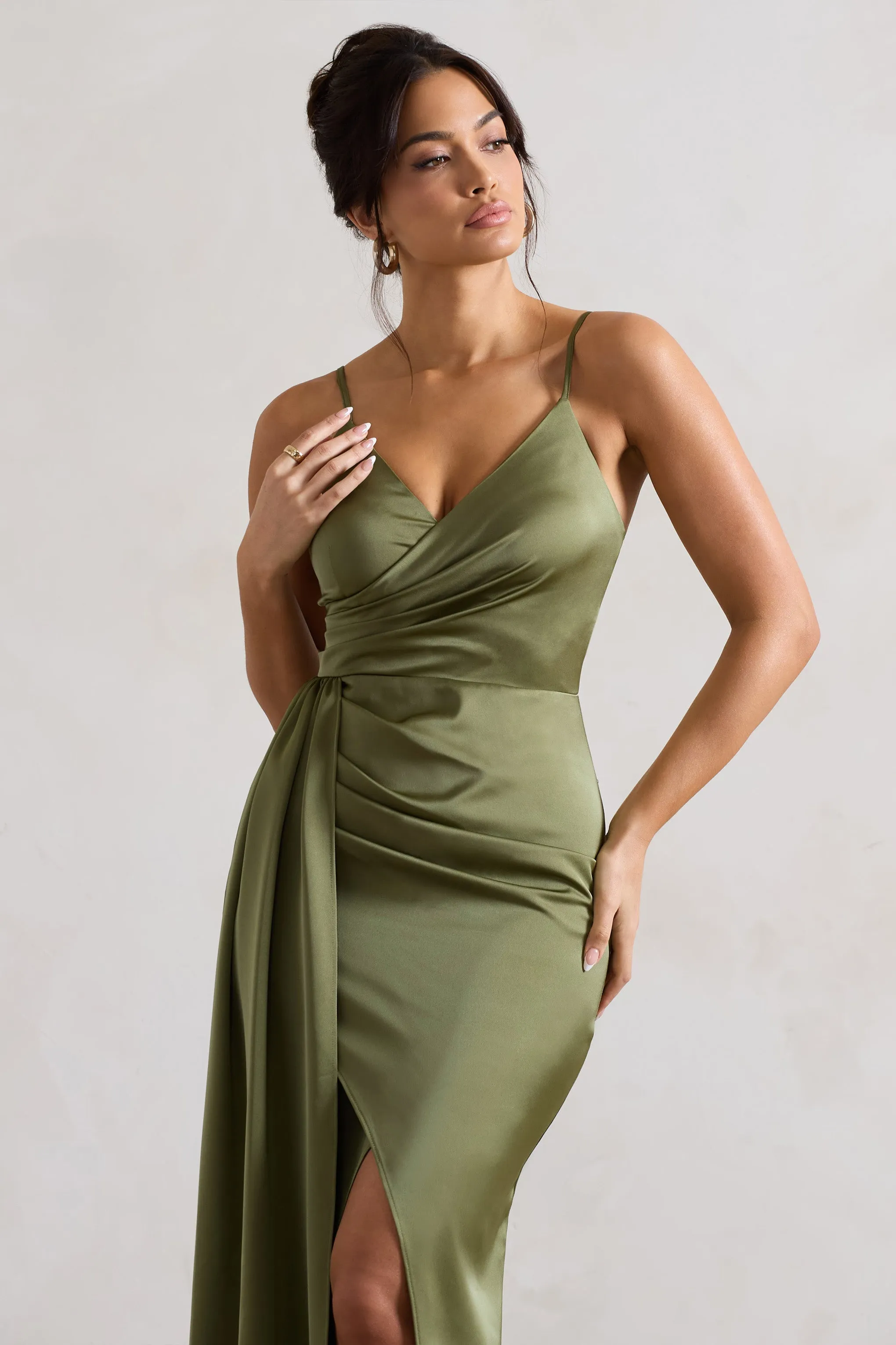 Soraya | Olive Green Satin V-Neck Split Maxi Dress With Drape sold by Club L London product image thumbnail 3