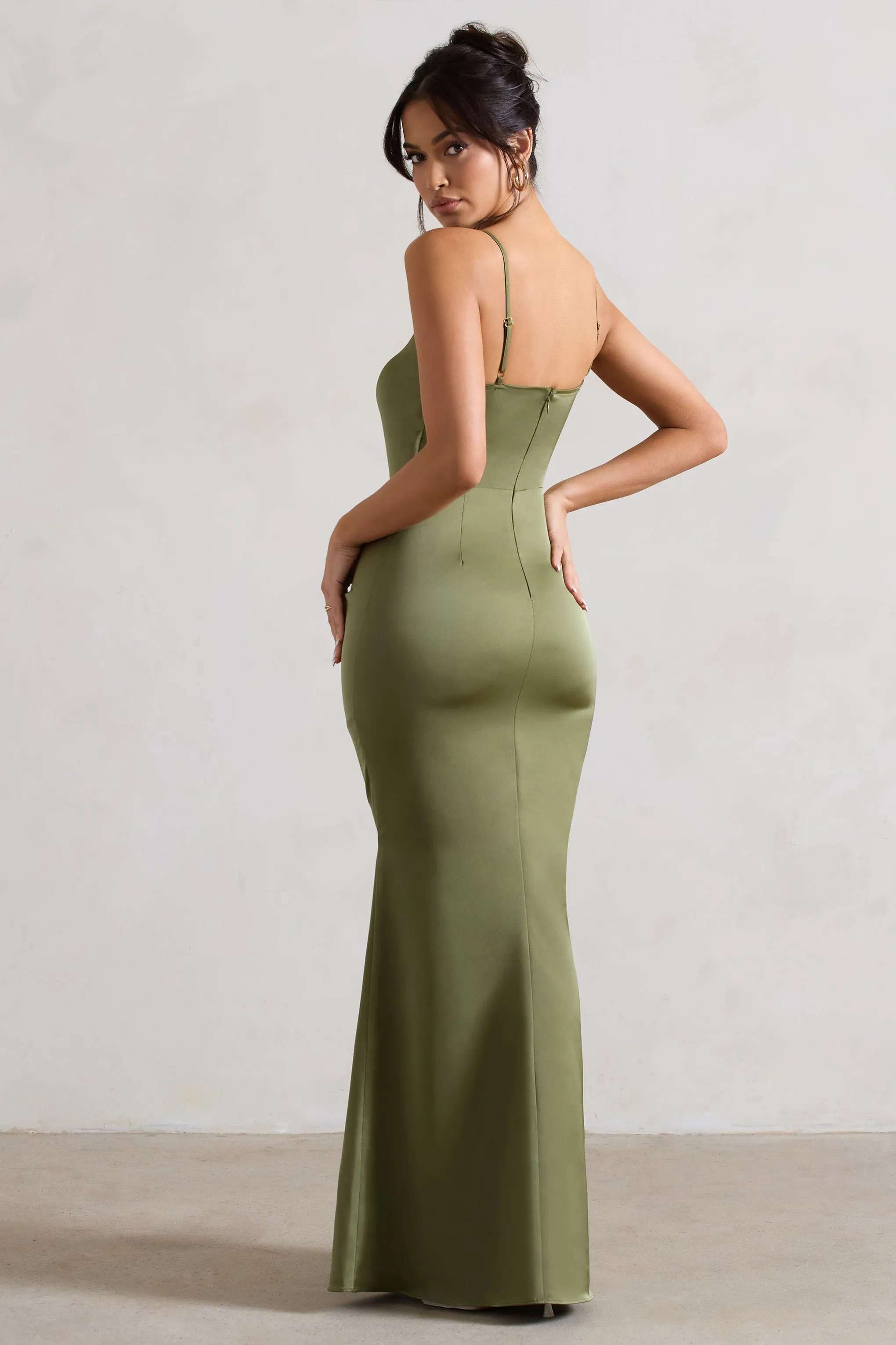 Soraya | Olive Green Satin V-Neck Split Maxi Dress With Drape sold by Club L London product image thumbnail 2