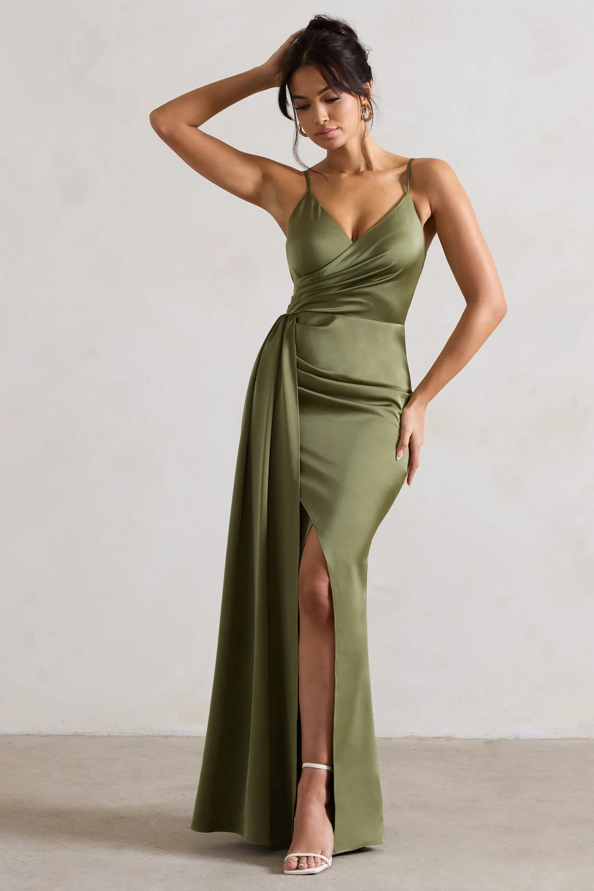 Soraya | Olive Green Satin V-Neck Split Maxi Dress With Drape sold by Club L London