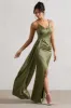 Soraya | Olive Green Satin V-Neck Split Maxi Dress With Drape sold by Club L London