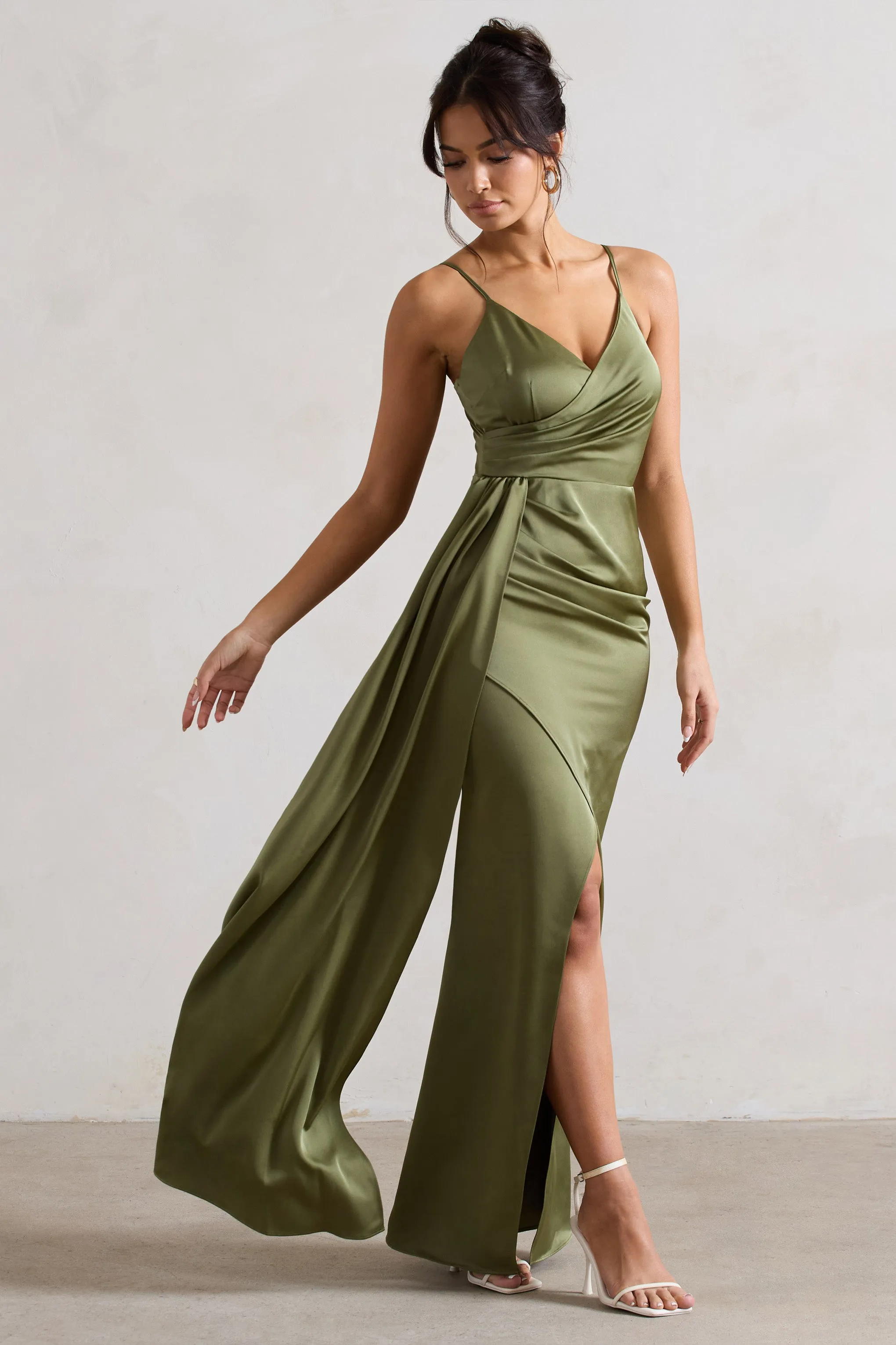 Soraya | Olive Green Satin V-Neck Split Maxi Dress With Drape sold by Club L London product image thumbnail 4