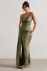 Soraya | Olive Green Satin V-Neck Split Maxi Dress With Drape sold by Club L London